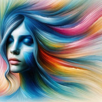 The primary subject of the image is a woman with blue hair, who is the main focus of the scene. She is depicted in a colorful and artistic manner, with her hair flowing in a vibrant and dynamic pattern. The setting is a colorful background, which adds to the overall atmosphere of the image. The visual style of the image is a combination of digital art and illustration, creating a unique and eye-catching representation of the woman. The colors and mood of the image are lively and energet